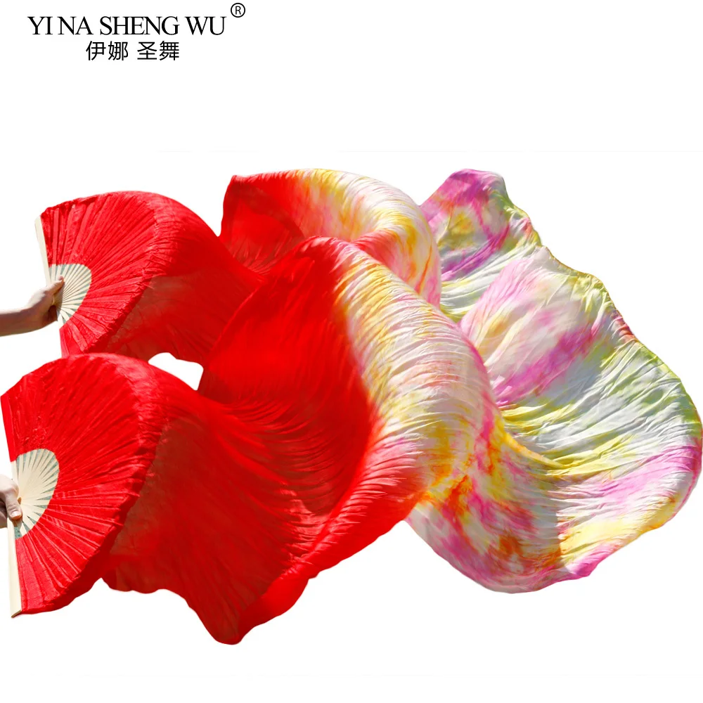 Éventails de danse pour femmes, 100% soie, couleurs mélangées, rouge + accessoires de danse multicolores, 180x90cm, voiles pour danse du ventre (2 pièces)