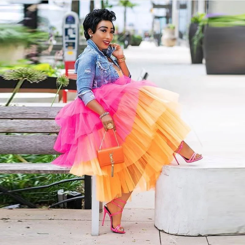 

2 Colors Women Skirt Hot Pink And Orange Tiered Long Tulle Party Skirt Women Formal Wear For Party Custom Made Color And Size