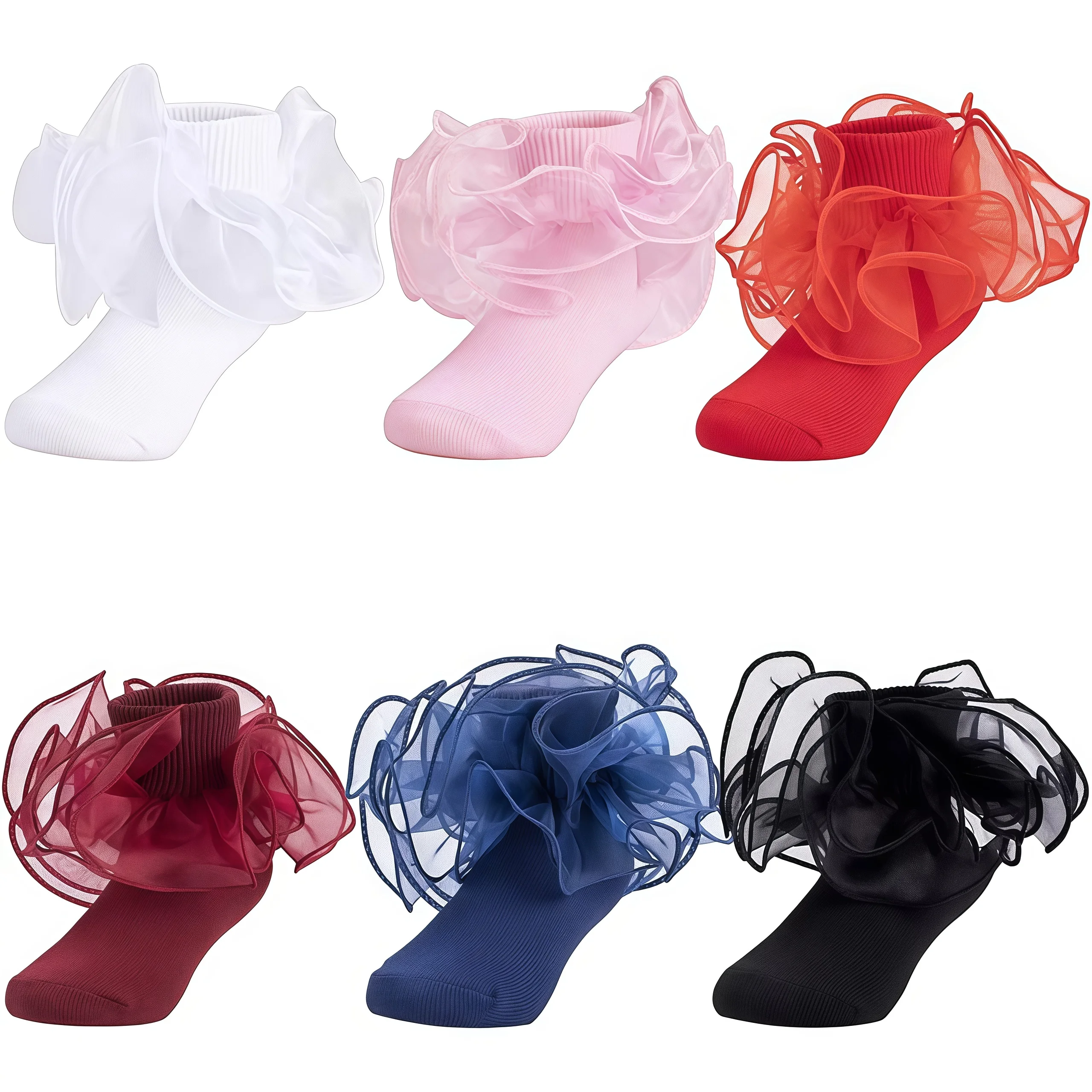 5 Pairs Girls Big Full Ruffle Tutu Socks Toddler Double Lace Frilly Pageant Dress Sock Fanfare Organze Turn Cuff Socks For Adult