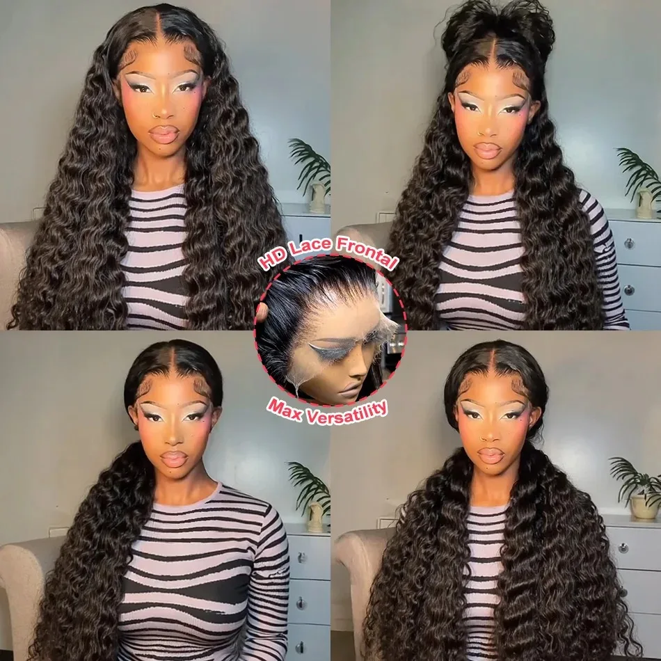 Peluca Frontal de encaje rizado de cabello humano 13x4 HD onda profunda 8- 40 pulgadas pelucas delanteras de encaje 13x4 brasileño Pre desplumado Warer negro rizado