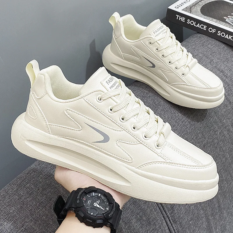

Men's Casual Sport Shoes PU Leather Surface Xiamen Summer New Style Versatile Thick Bottom High Top Fashionable White Sneakers