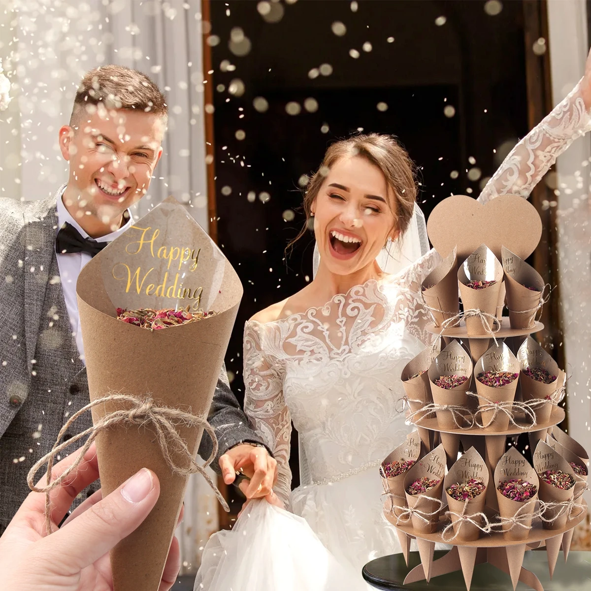 Kraft Paper Wedding Confetti Cone Frame Tray Rustic Wedding Decoration Confetti Cones Stand Box DIY Holder Support Party Favor