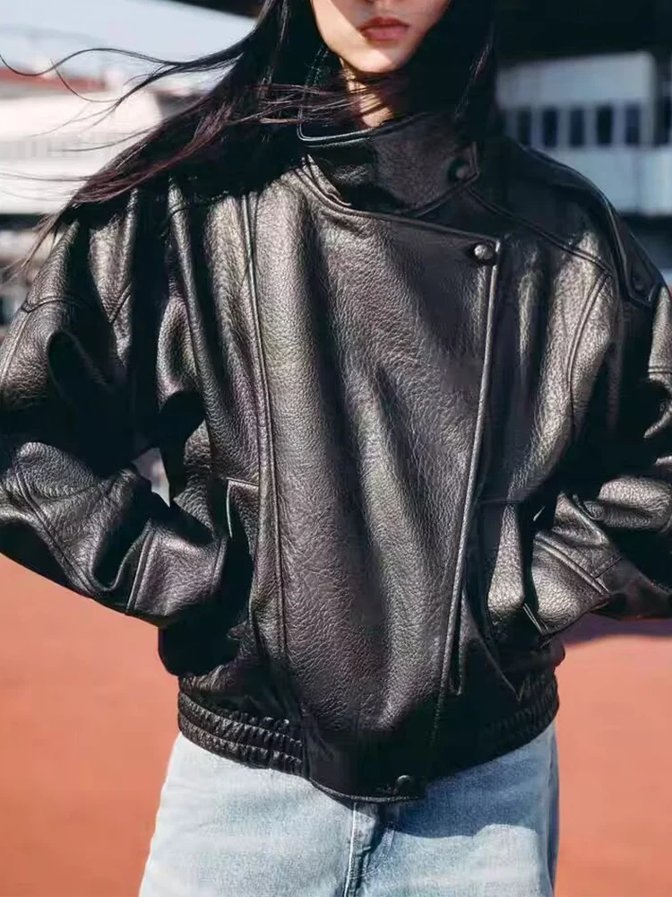 

European style new women's fashionable and versatile faux leather long-sleeved stand-collar jacket.