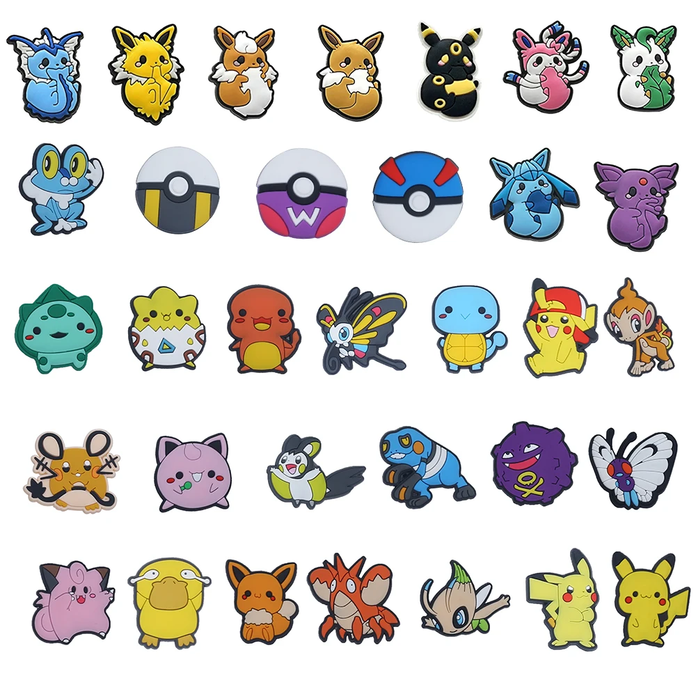 9-33pcs Cute Pokémon Pikachu Shoe Charms PVC Shoes Decoration Bracelet Wristband Sandal shoe Accessories Buckle for Kids Gifts