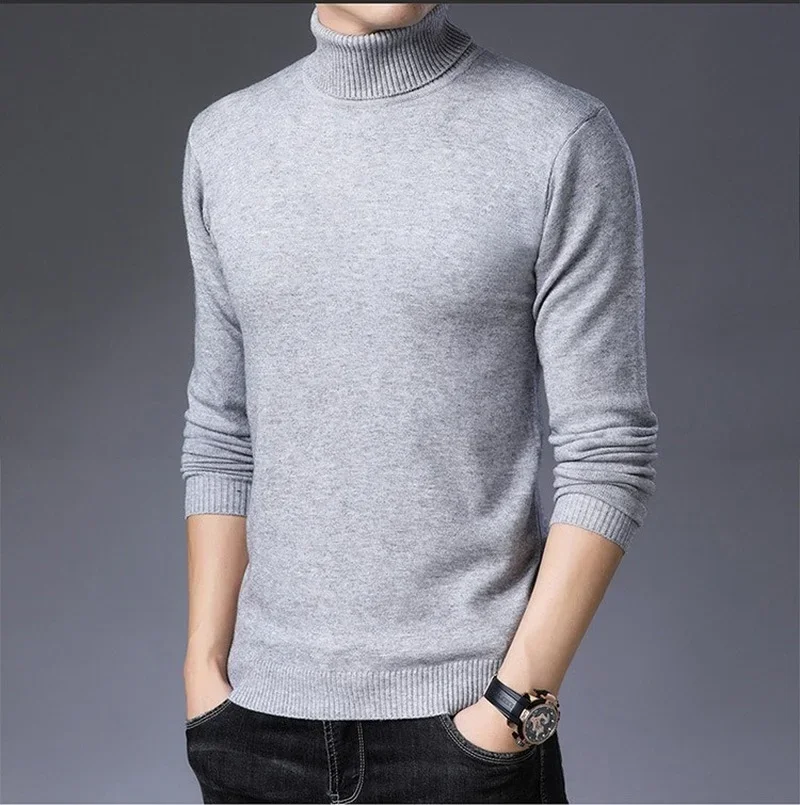 New Men High Neck Knitted Pullover Bottoming Sweater Male Fashion Casual Slim Solid Color Stretch Sweater