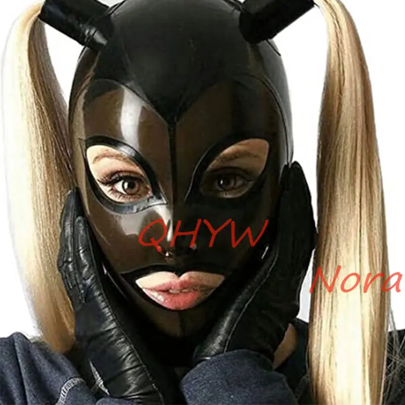 

Latex Mask Rubber Hood Black with Transparent Black 2 Wigs Hair Fetish Open Eye Mouth with Back Zipper Cosplay Costumes