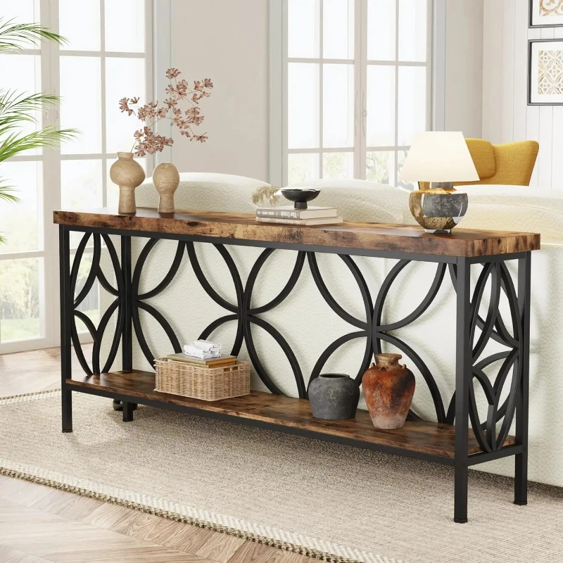 Industrial Long Sofa Table Behind Couch, Entry Console Table with Storage for Entryway, Living Room