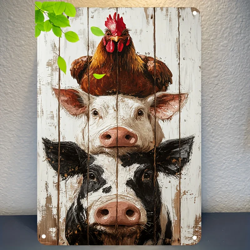 Rustic Farmhouse Aluminum Metal Sign,  – 3D Rooster and Pig Animal Art with Playful Design, Durable Wall Decor for Home, Kitchen