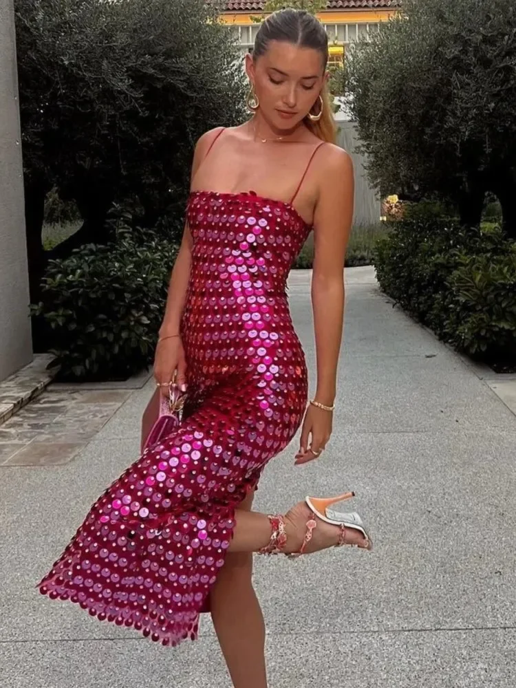 Beaded Irregular Slip Dress Sequin Holiday Halter Boho Long Dresses Sparkling Sexy Backless Slim Fit Suspender Evening Robes