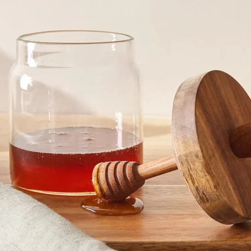 Honey Jar with Wooden Lid Premium Wooden Stirring Stick Glass Sealed Jar Transparent Honey Storage Jar Kitchen Storage Tank