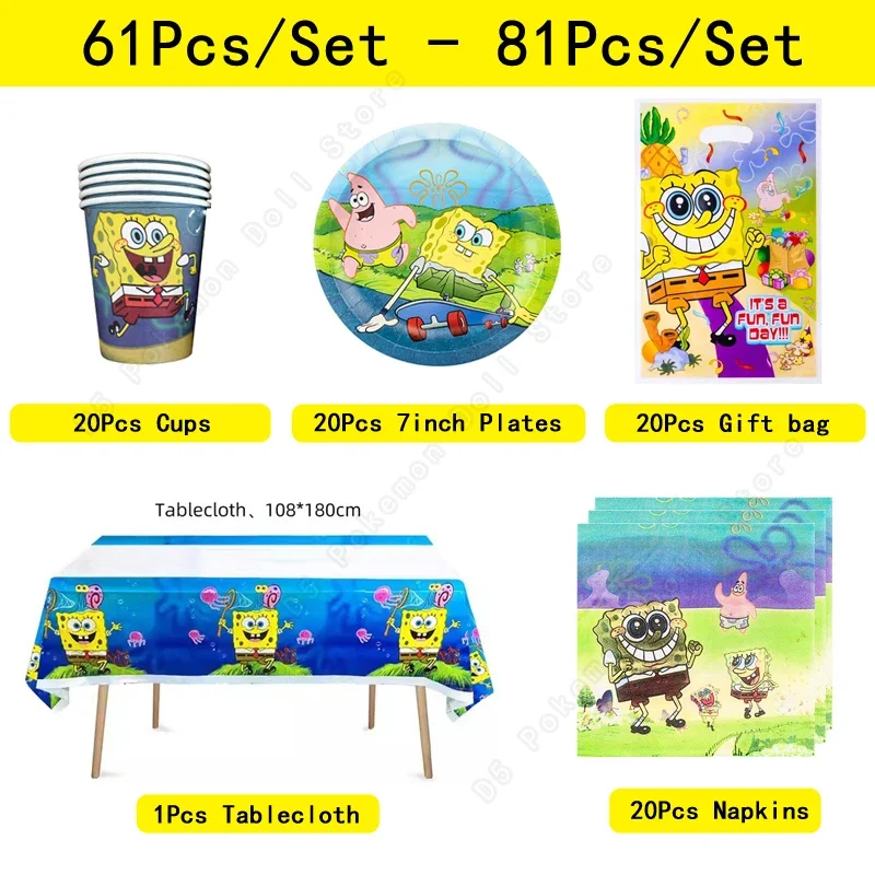 Bob Esponja Calça Quadrada Kit de Suprimentos para Festa de Aniversário Decoração de Bolo de Chuveiro de Bebê Talheres Descartáveis Toalha de Mesa Placa de Copo de Papel