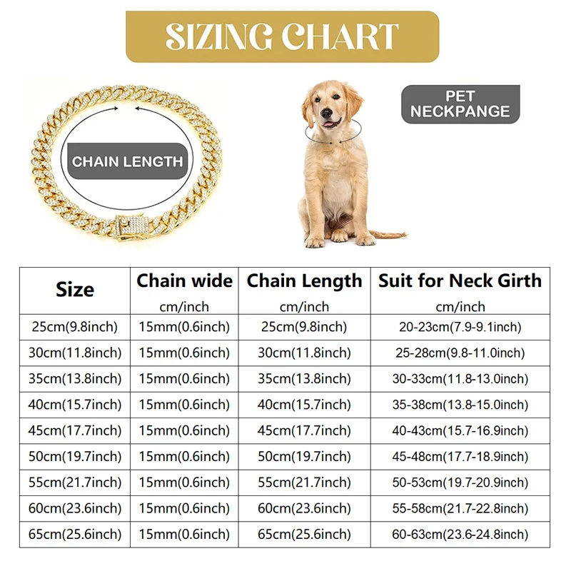 Dog Chain Cuban Collar Pet Chain Necklace, Gold Rhinestone Jewelry for for Small Medium Large Dogs Cats, Secure Metal Clasp