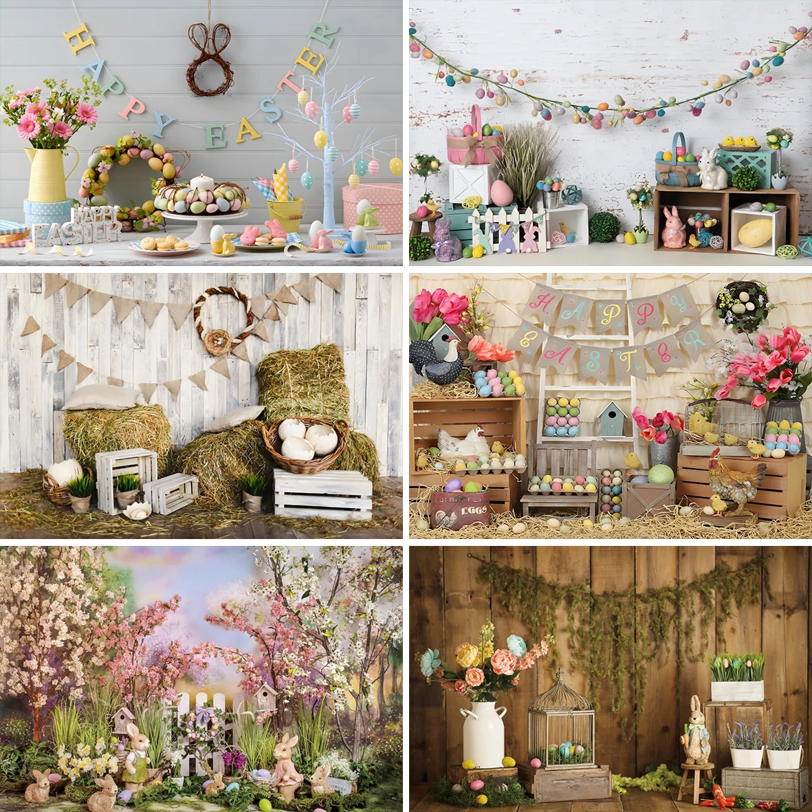 Easter Day Photography Background Farm Haystack Eggshell Wood Board Door Cartoon Bunny Decor Kids Portrait Backdrop Photo Studio