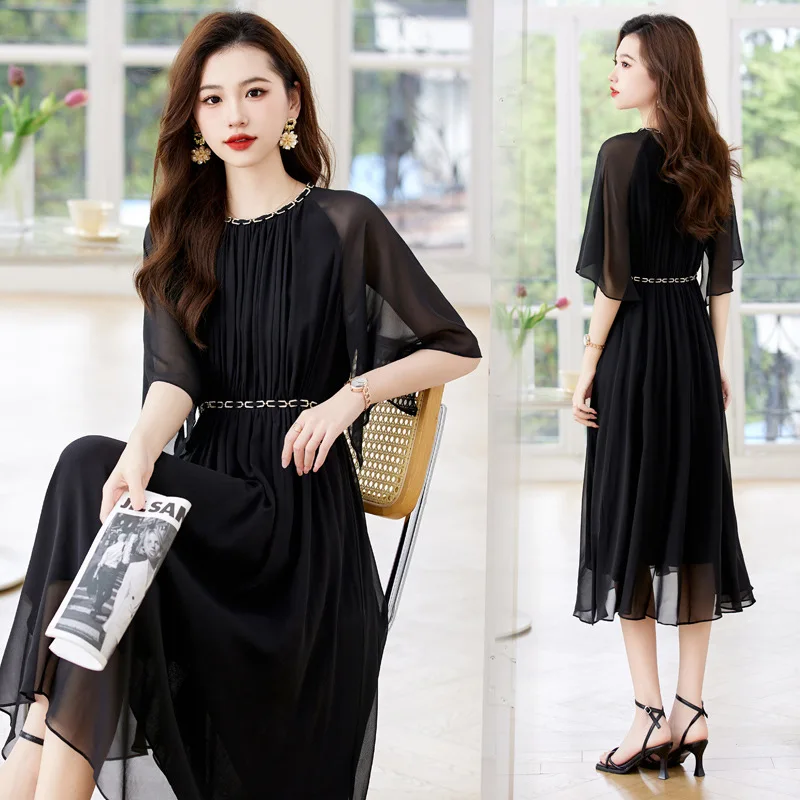 Round neck elegant elegant all-match fashion silk dress