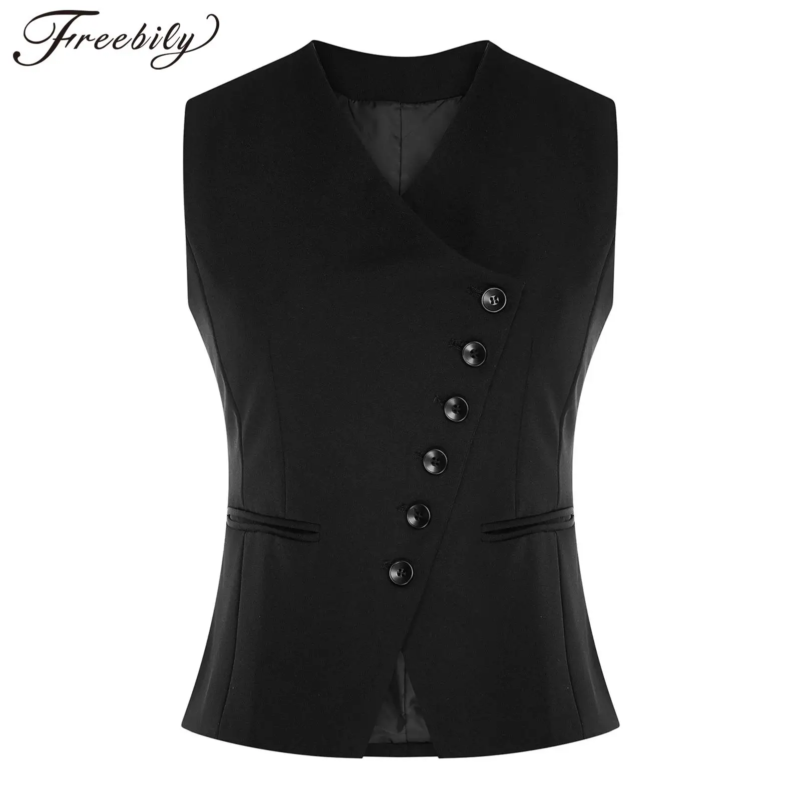 

Fashion Womens Vests Elegant OL Waistcoat V Neck Front Button-down Tank Top Office Business Office Lady Sleeveless Top Slim Vest