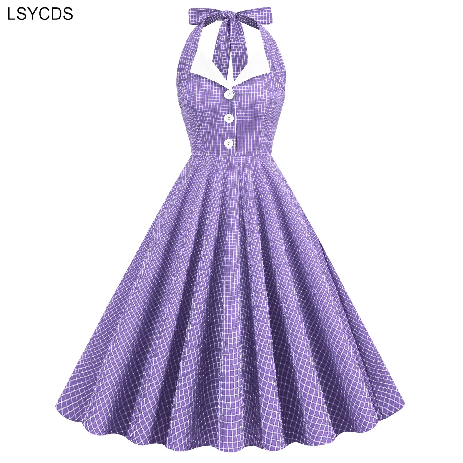 LSYCDS Women Button Up Plaid Vintage Fit and Flare Dress 2024 Summer Sleeveless Pinup Robe Halter Backless Evening Party Dresses