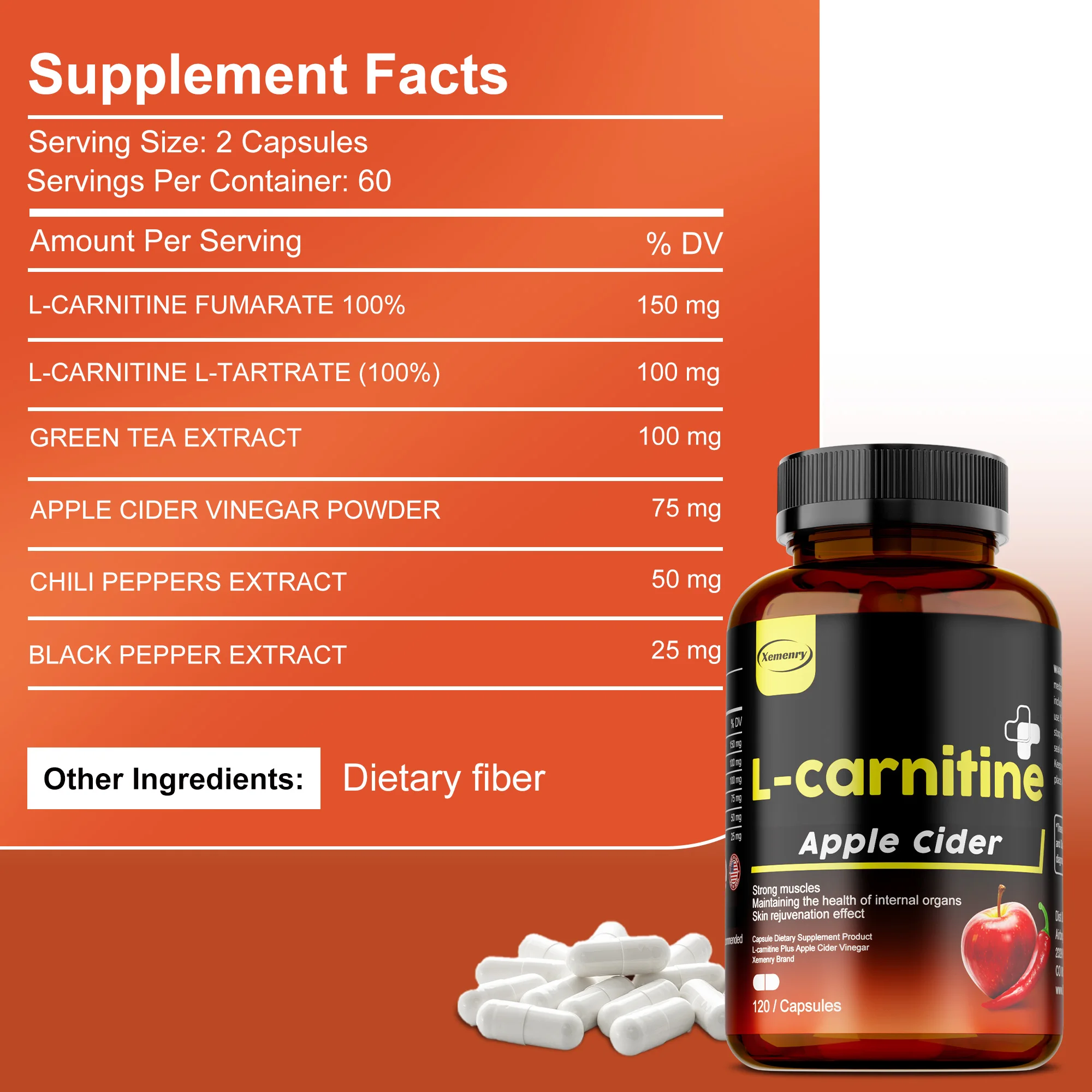 L-carnitine & Apple Cider Capsules - Energy Metabolism, Muscle Recovery and Growth, Aids Digestion, Improve Athletic Performance