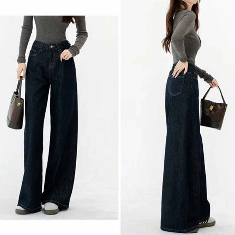 Female Dark Blue Wide Leg Jeans New Girls High Waist Loose Denim Trousers Hot Sale Women Fashion Casual Daily Pants