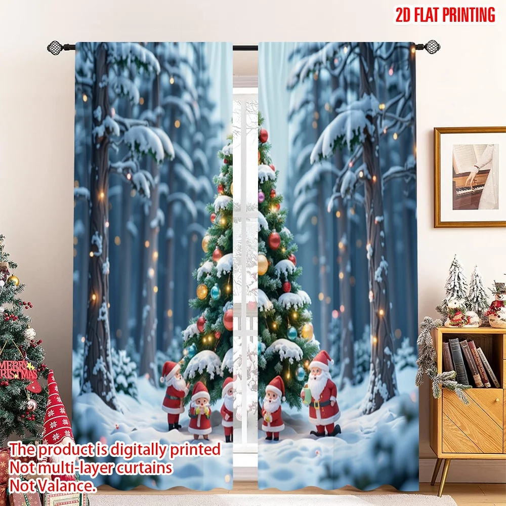

2pcs 2D flat printing Merry Christmas Drapes Santa Claus Forest Christmas Tree Polyester Without Electricity Festive Curtains