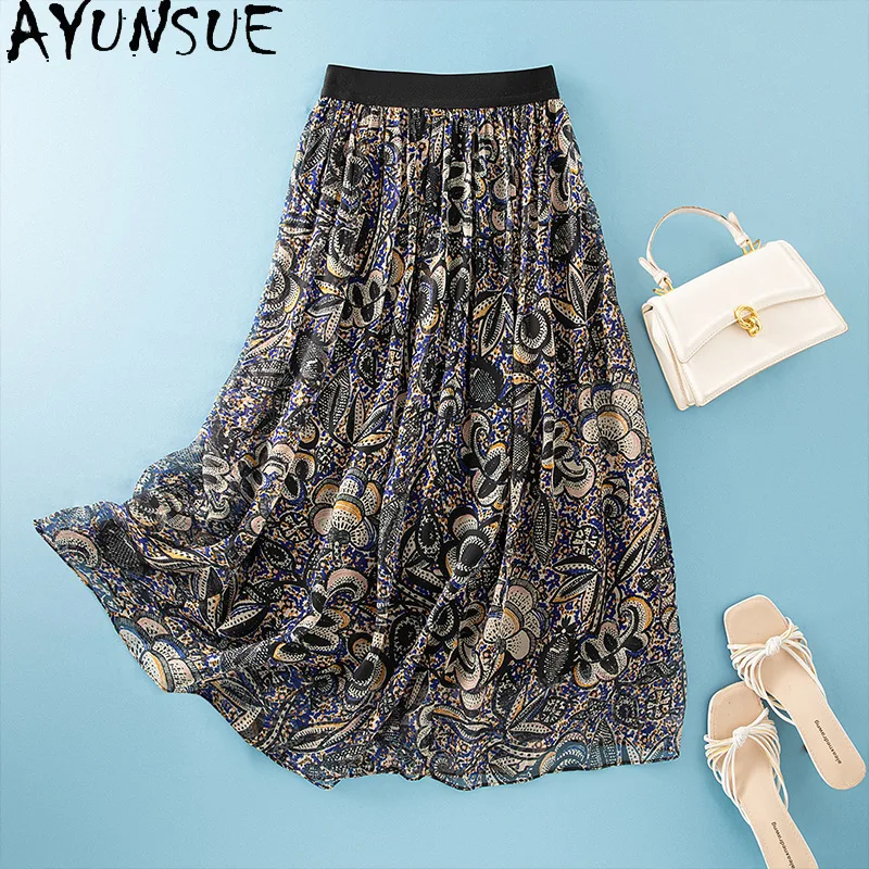 AYUNSUE 100% Silk Women's Skirts Stylish Exotic Style Skirts for Women Retro Printed Skirt Summer Clothes Woman 2026 Ropa Mujer