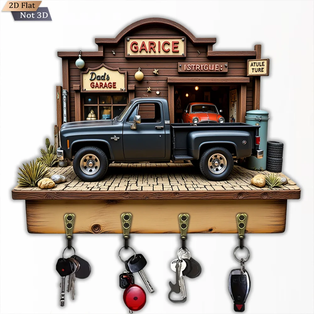2D Flat, 1pc, Vintage Garage Truck Key Hook, Wooden Multifunctional Home Key Hook, with Four Metal Hooks, Wall Decor, Porch
