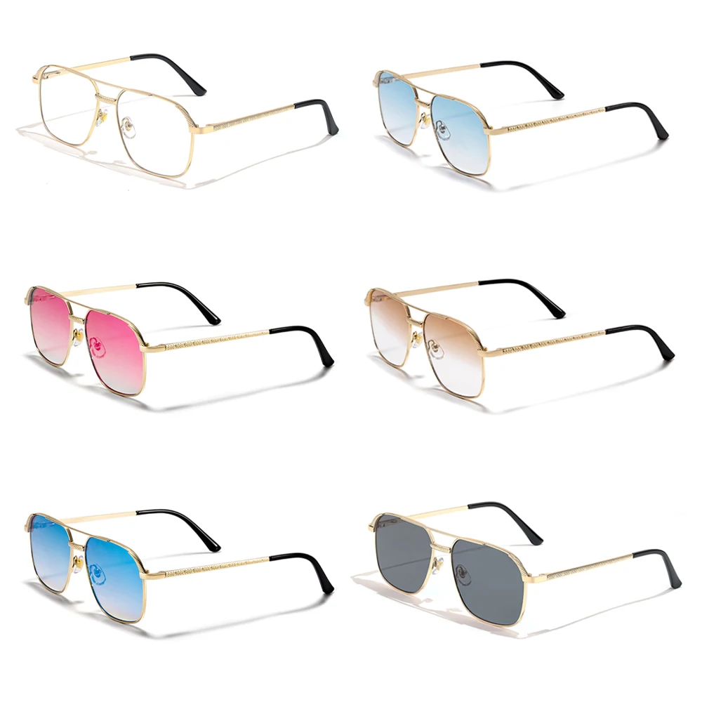 New Pilot Sunglasses for Men and Women Flat Double Bridge Square UV400 Metal Frame Gradient Lens Fashion Sunglasses