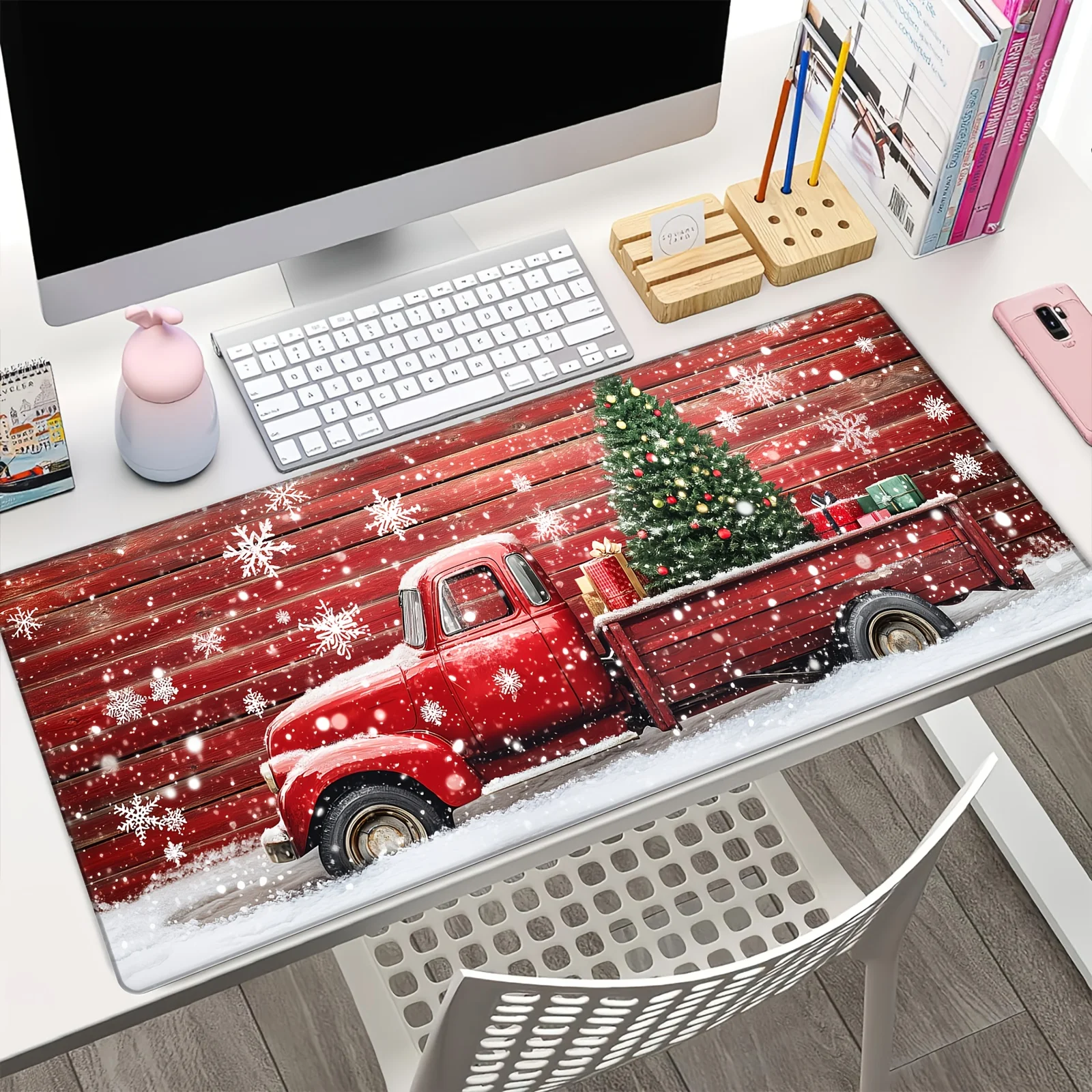Tappetino per mouse con albero di Natale e camion rosso con base in gomma antiscivolo e bordi cuciti - Tappetino da scrivania festivo esteso di grandi dimensioni per la casa O
