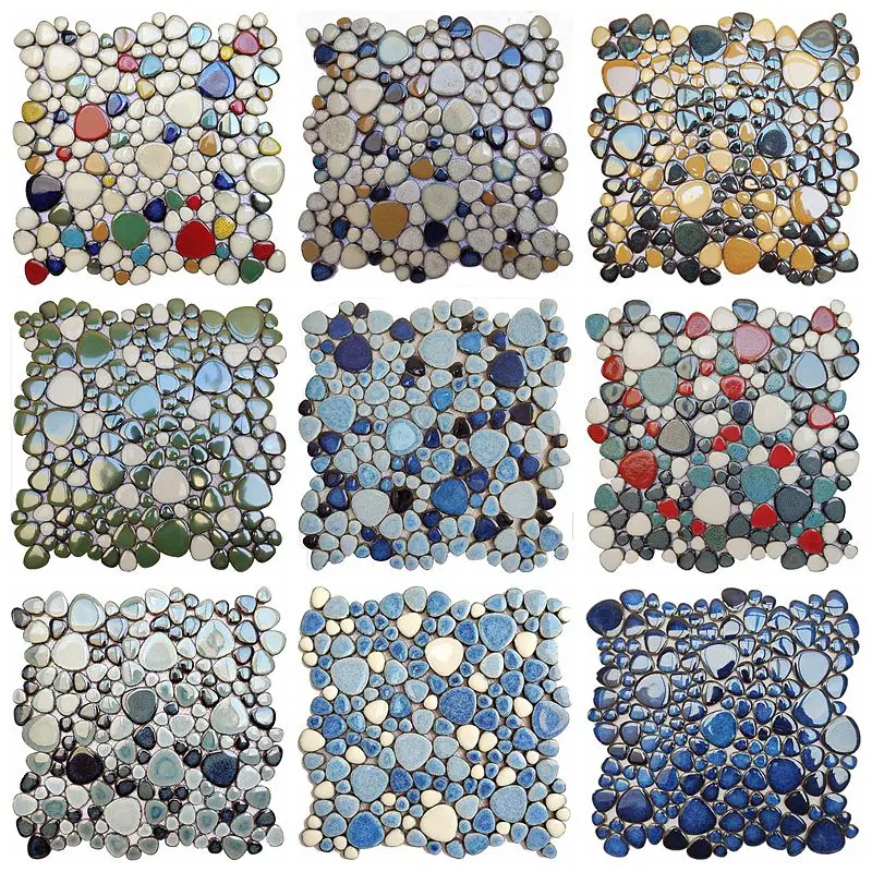 30X30Cm السيراميك حصاة فسيفساء البلاط المضادة للانزلاق مقاوم للماء للحمامات سبا حمامات جدار الطابق ديكور الأزرق الأبيض بلاط ورقة