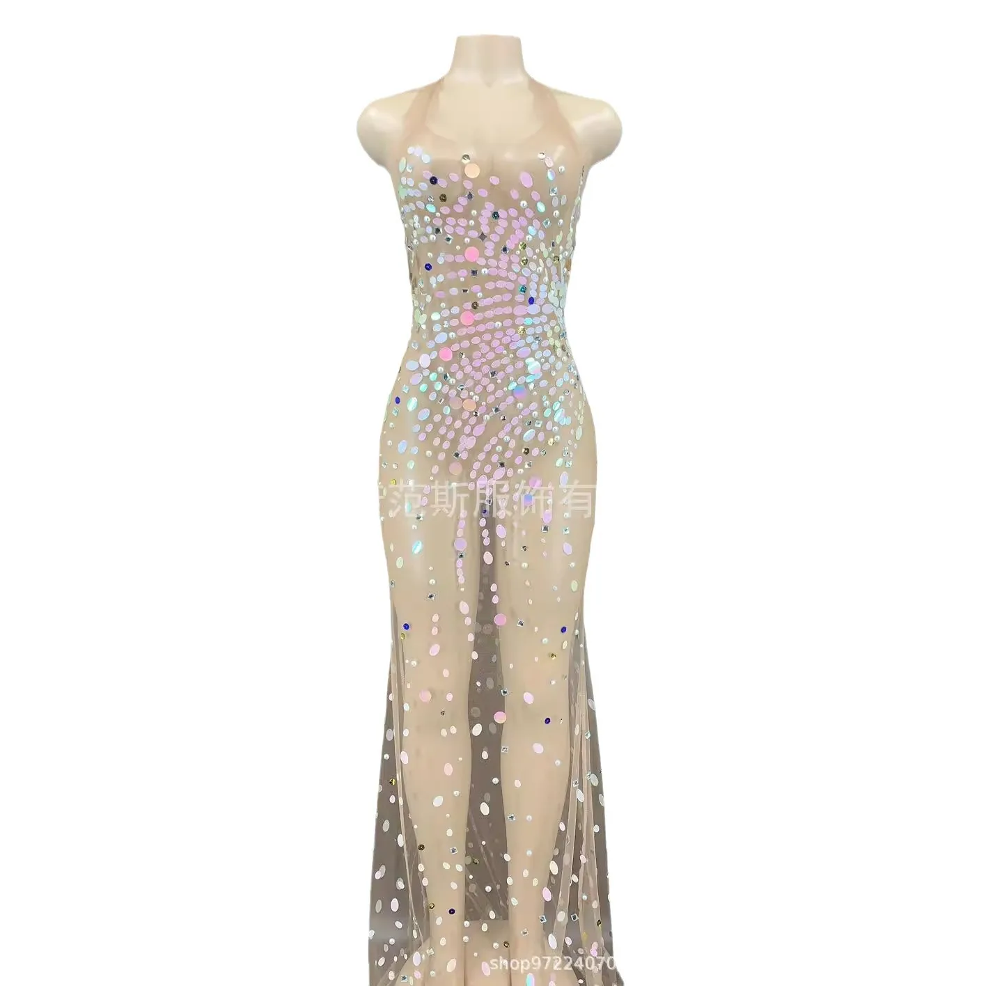 

Modern Sequined Mesh Sleeveless Long Dress - For Nightclub Female Singer, Host DJ Stage Performance Crystal Embellished Dresses