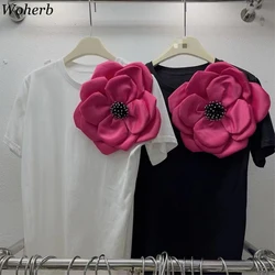 Magliette Vintage da donna All Match 2024 Ropa Mujer 3D Flower Beading Summer Tops Casual o-collo manica corta Y2k T Shirt Camisetas