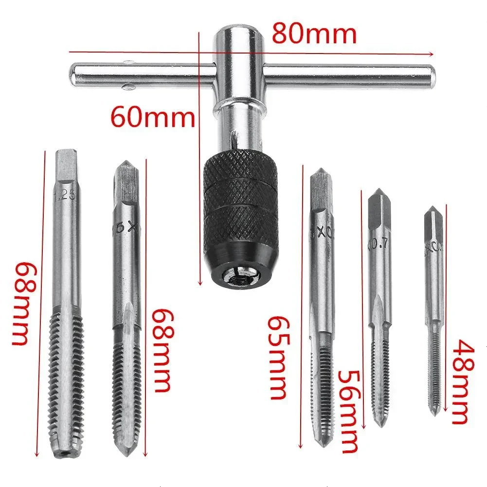 6pcs-M8 Tap Drill Set T Handle Ratchet Tap Wrench Machinist Tool With Screwx0.5 M4x0.7 M5x0.8 M6x1 M8x1.2