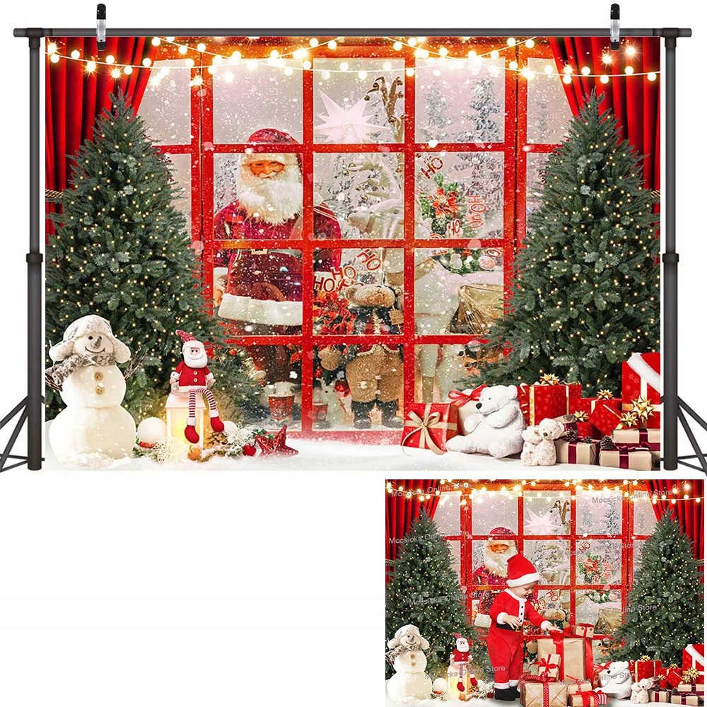 عيد الميلاد سانتا كلوز هدية ديكور خلفية حمراء شجرة عيد الميلاد نافذة الباب ضوء التصوير خلفية الطفل طفل صورة استوديو الصور