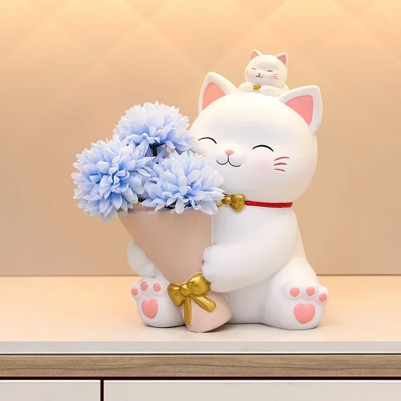 

Zhaocai cat holding flower ornaments light luxury resin craft flower arrangement office desktop decoration housewarming gift