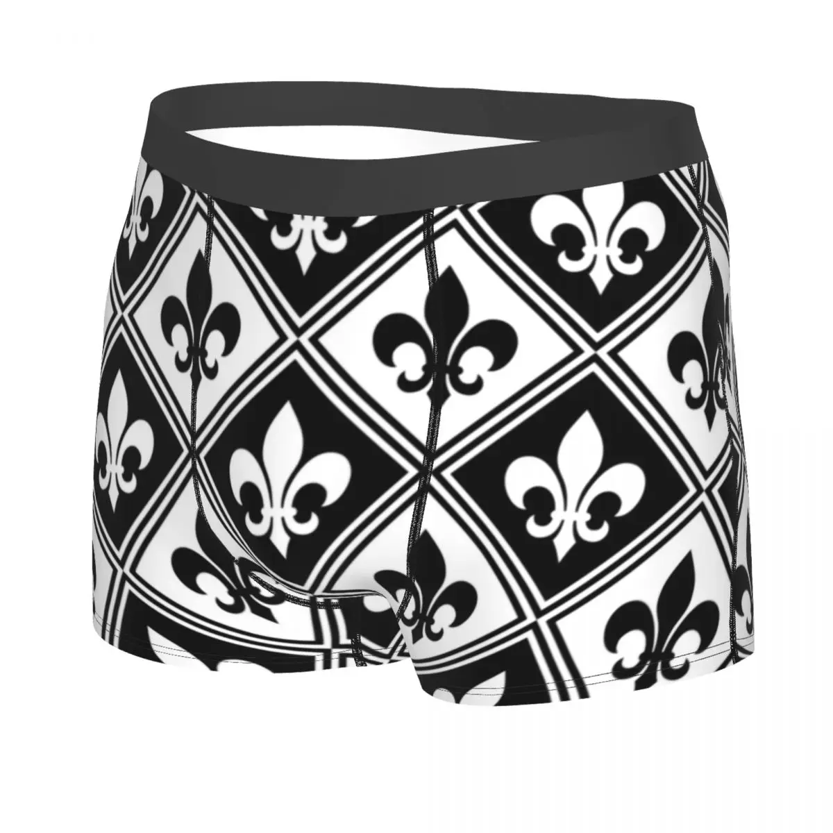 Custom Black Fleur De Lis And Diamond Pattern Underwear Men Sexy Print Custom Fleur-De-Lys Lily Floral Boxer Shorts Panties