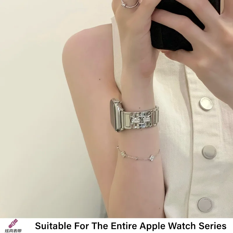 سوار فولاذي غير قابل للصدأ لساعة أبل الترا 2 1 سلسلة 10 9 8 7 6 SE حزام معدني لسوار سلسلة تصميم حلقة مزدوجة iWatch #5