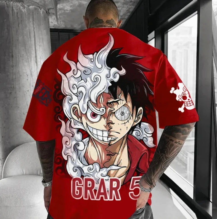 ONE PIECE Camiseta holgada para hombre, ropa de calle, estampado de Anime, patrón de calavera, ropa informal de algodón de verano