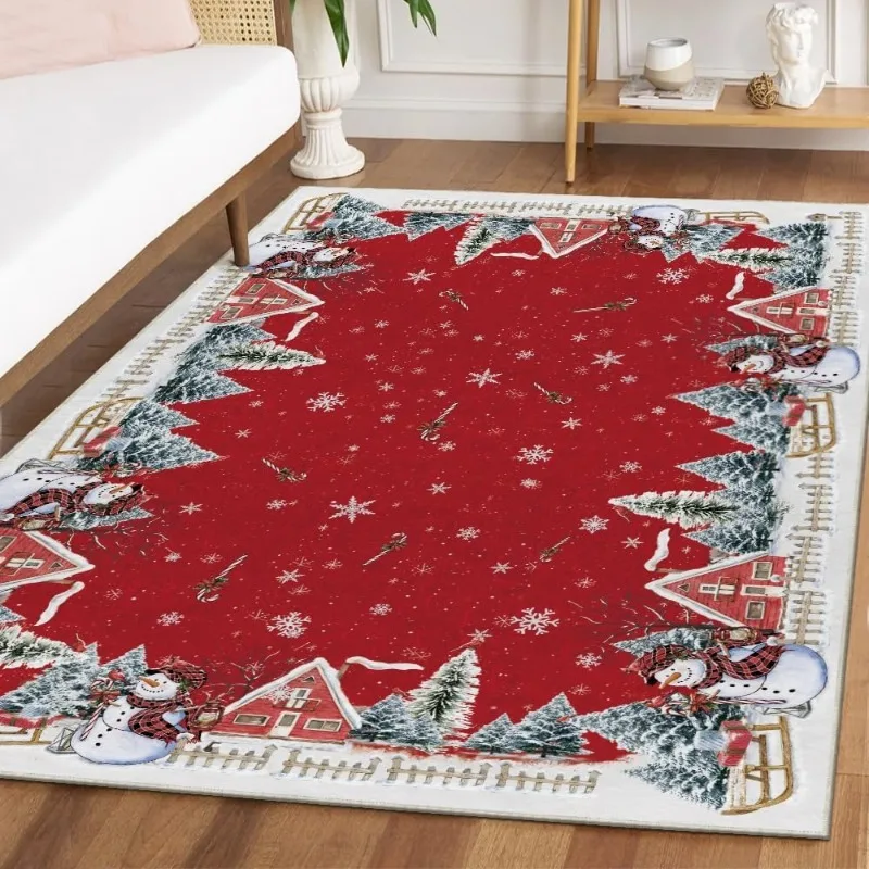 Christmas Retro Christmas Tree Snowman Print Living Room Carpet Foldable Bedroom Rug Christmas Gift Decoration Home Floor Mat 러그