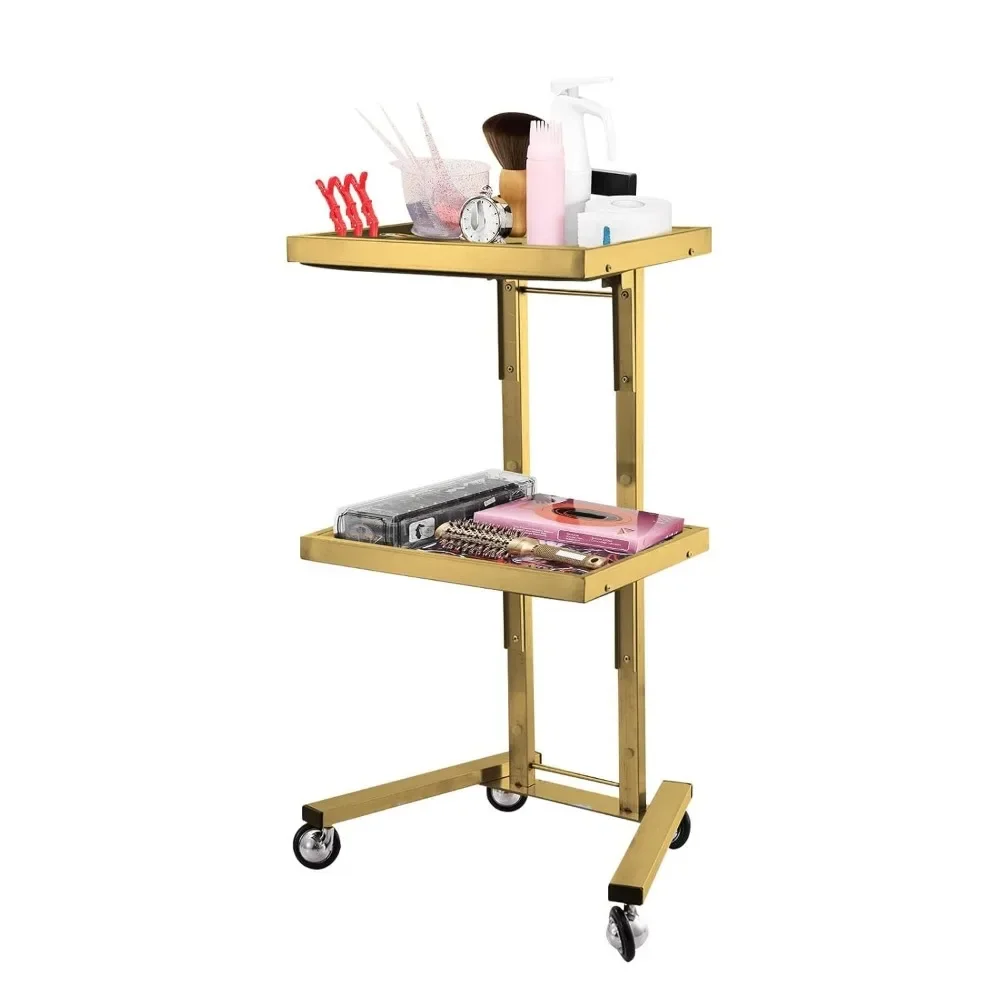 Stainless Steel Salon Cart, 2-layer Metal Salon Tray with Wheels, Foldable Salon Tray Handcart, Stainless Steel Gold Cart (gold)