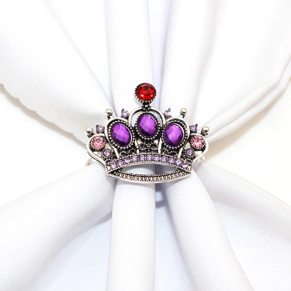 4Pcs Silver Napkin Rings Purple Rhinestone Crown Napkin Rings Holder for Wedding Bridal Baby  Shower Birthday Party Table Decor