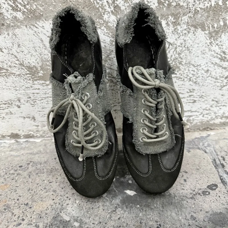 Men Trainers Distressed Canvas Genuine Leather Patchwork Sneakers Lace Up Vintage Soft Flat Casual Walking Shoes