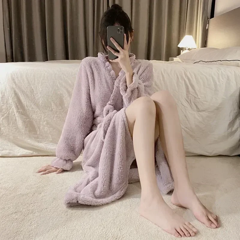 Ruffles Homewear Winter 2023 Women Night Nightdress For Nightgown Warm Robe Fleece Pajama Solid Wears Long Belt Sleeve Sleepwear