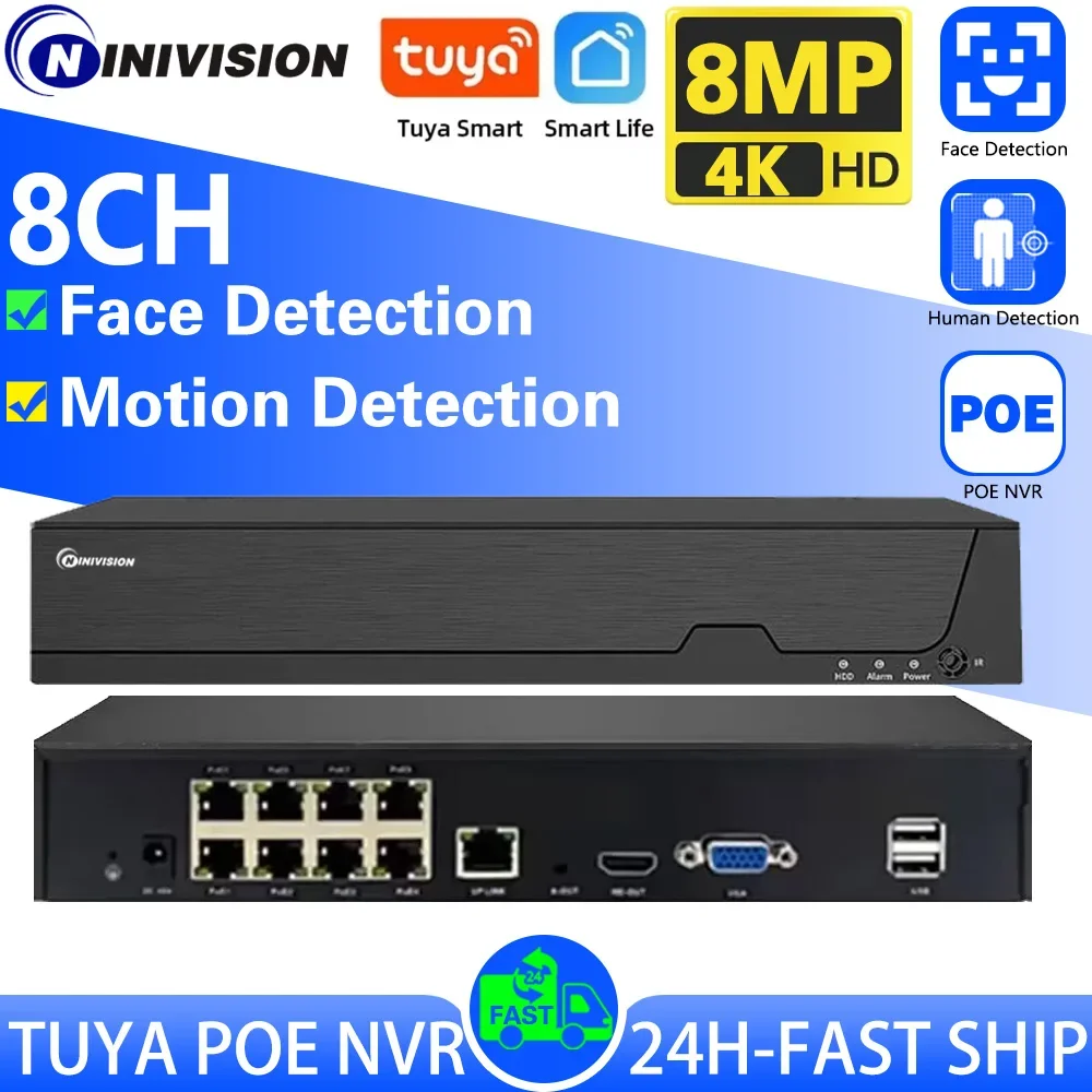 

4K 8MP Tuya Smart Life 8CH Human Face Detection POE ONVIF NVR Video Recorder CCTV System Network P2P Video Surveillance Camera