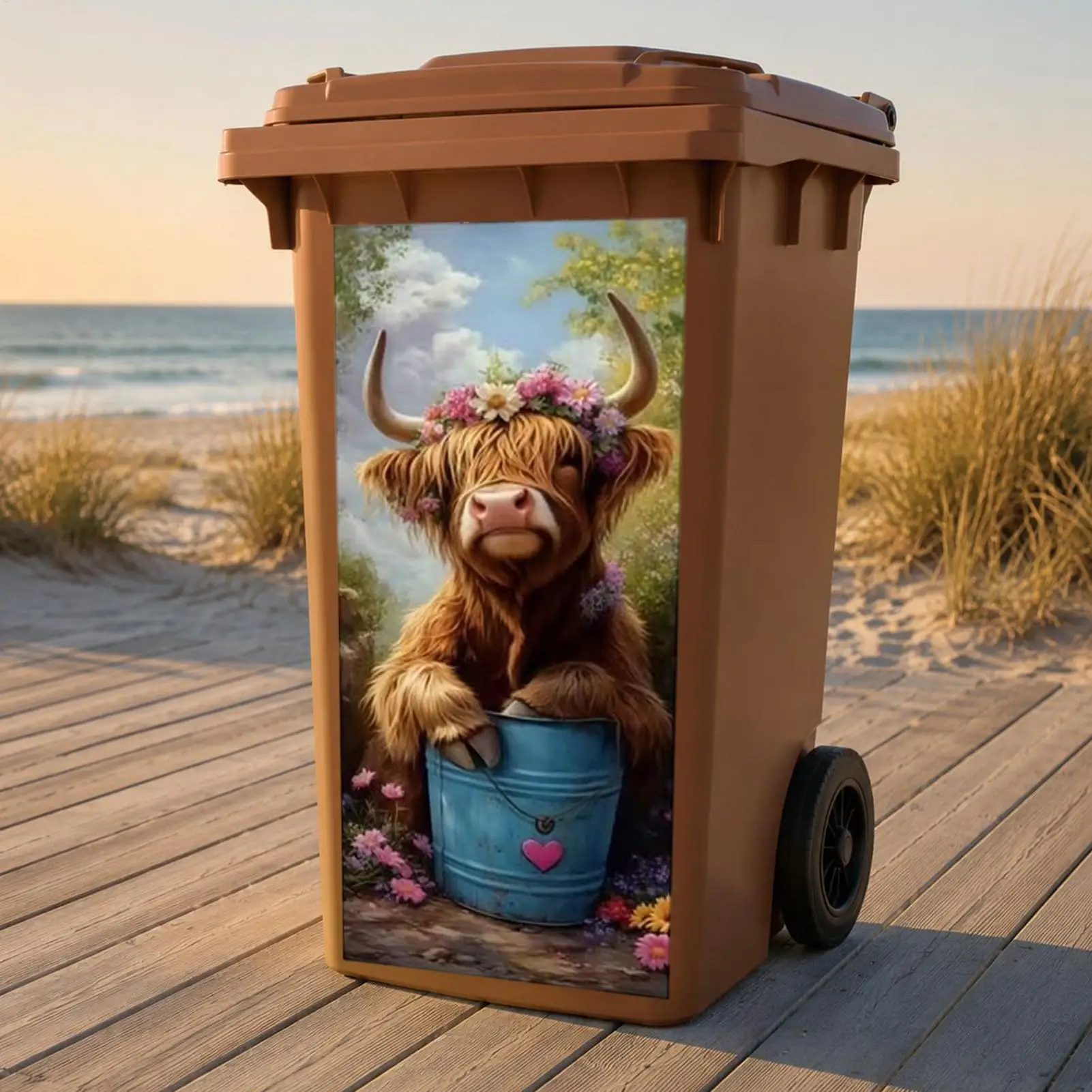 Garbage Can Stickers Waterproof PVC Cartoon Highland Cow Decals Sun Resistant Trash Can Decor for Courtyard Kitchen Garden