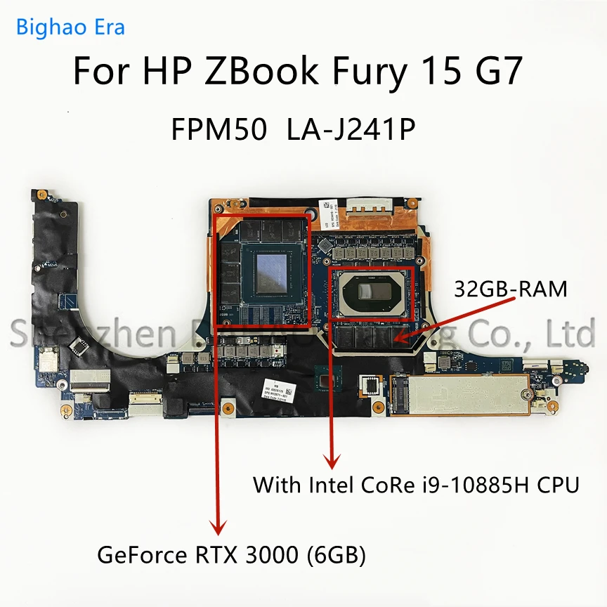 

For HP ZBook Fury 15 G7 Laptop Motherboard With Intel i9-10885H CPU 32G-RAM RTX3000 6GB Video Card FPM50 LA-J241P SPS:M12871-601