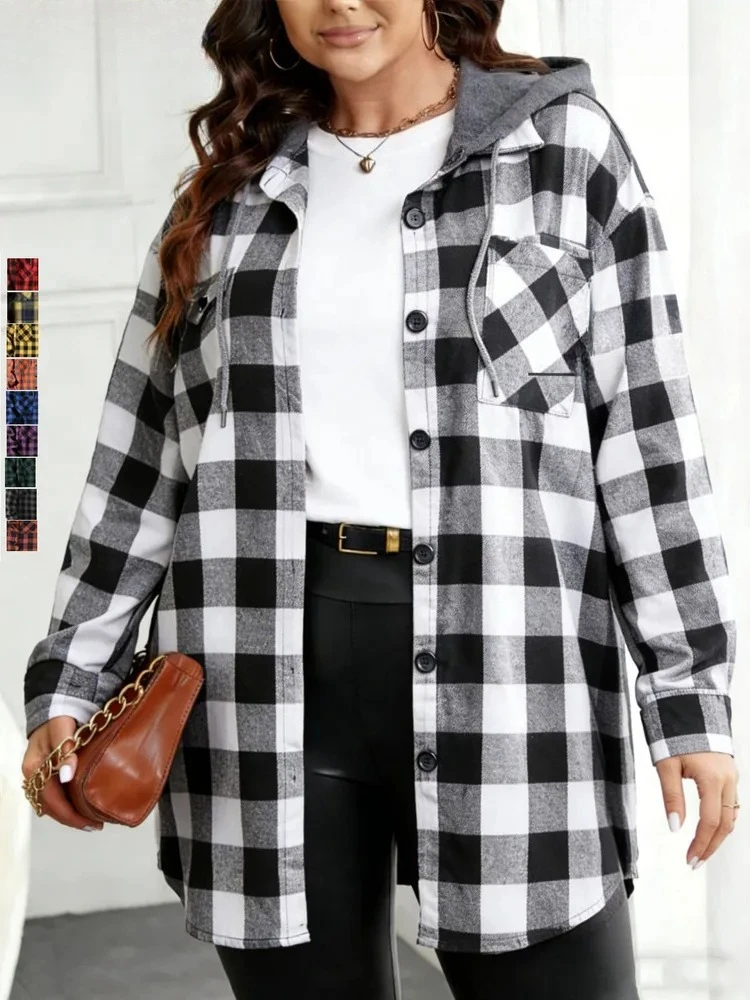 Plus Size Classic Women Long-Sleeved Hooded Sweatshirt oversize Loose Cardigan Autumn Winter Spring Casual lagresize Plaid Coat