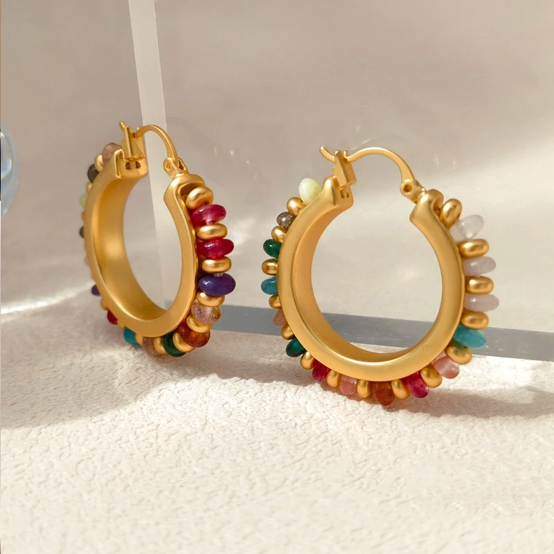 

Elegant Classic Boho Colorful Round Contrasting Natural Stone Beads Hoop Earrings for Women Temperament Luxury Jewelry Wholesale