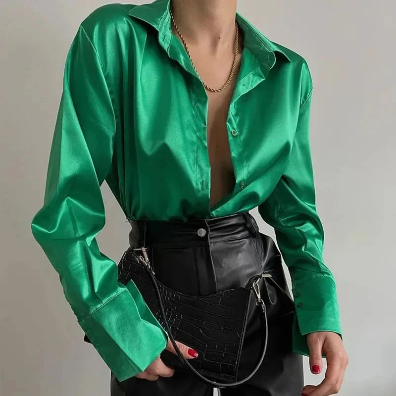 New Fashion Satin Women\'s Shirts 2024 Spring Long Sleeve Blouses Vintage Casual Loose Buttons Up Clothes Office Lady Tops