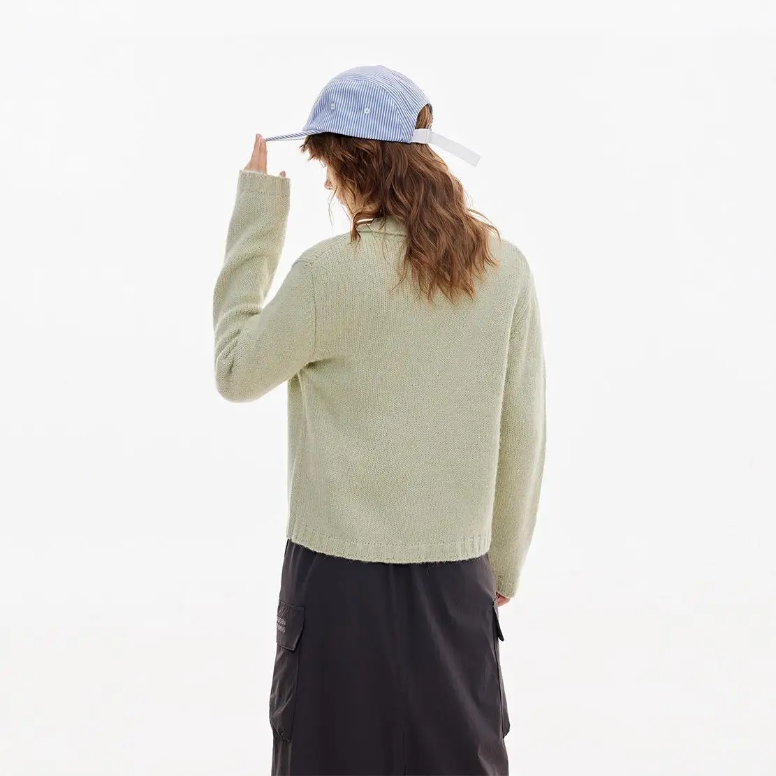 เสื้อสเวตเตอร์ถักไหมพรมสีชมพูหวานนุ่มนวลทรงกลม แขนยาว ทรงเข้ารูปสำหรับผู้หญิง คาร์ดิแกนแบบเปิด ผ้าถักนิตติ้ง สวมใส่สบาย ผลิตจากเส้นใยโพลีเอสเตอร์