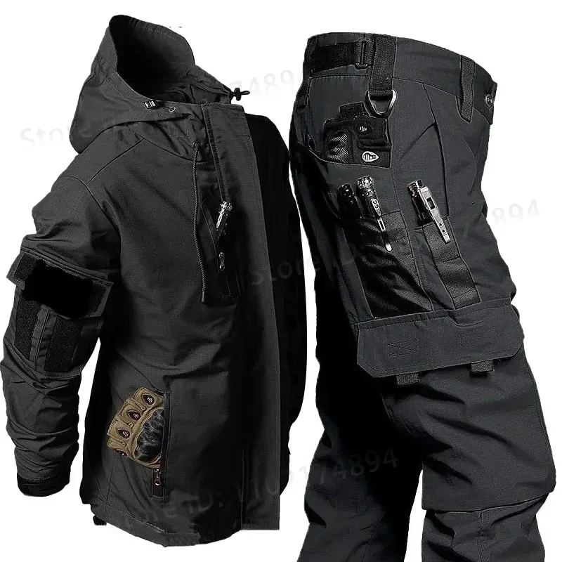 Tactical Wear-resistant 2 Pcs Sets Men Spring Multi-pocket Bomber Jacket+ Cargo Pant Suit Military Waterproof Outdoor Combat Set