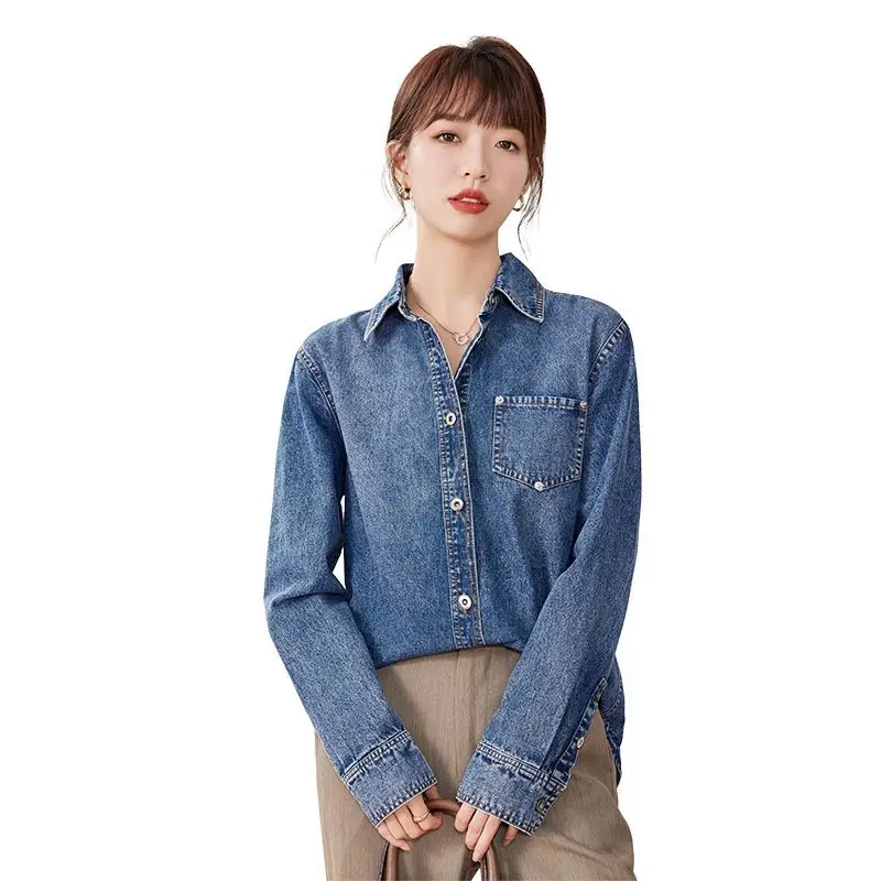 

2025 Autumn Women's Long Sleeves Vintage Loose Tops Chic New Denim Blouse Korean Fashion Office Work Jeans Shirts Woman Clothing